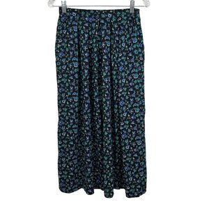 Vintage Lombardi Inc. Womens Midi Skirt Floral Pleated Elastic Waist Blue‎ Sz 10